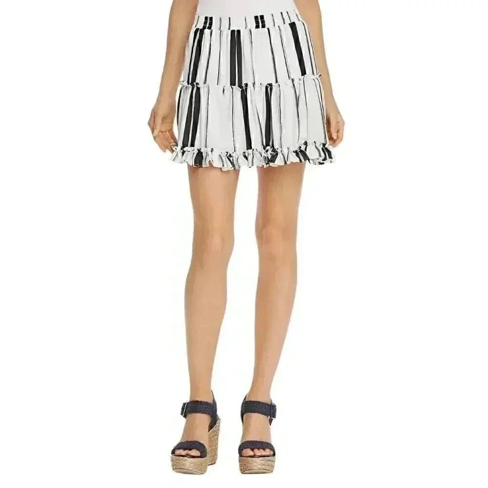AQUA Women's Ivory/Black Poly Striped Tiered Lined Mini Skirt